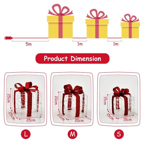 Set of 3 Christmas Lighted Gift Boxes with Waterproof Plug