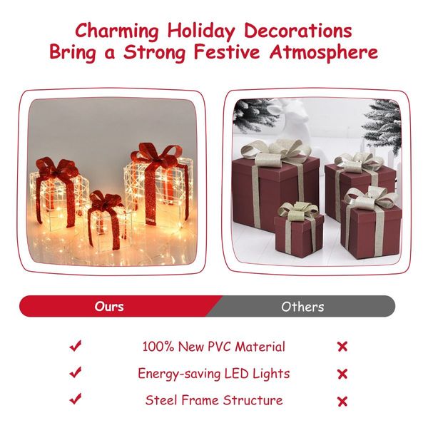 Set of 3 Christmas Lighted Gift Boxes with Waterproof Plug