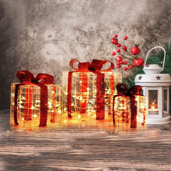 Set of 3 Christmas Lighted Gift Boxes with Waterproof Plug