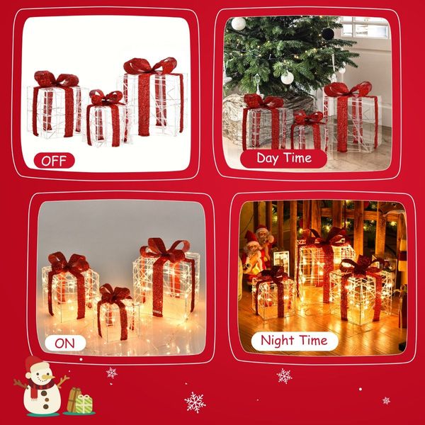 Set of 3 Christmas Lighted Gift Boxes with Waterproof Plug