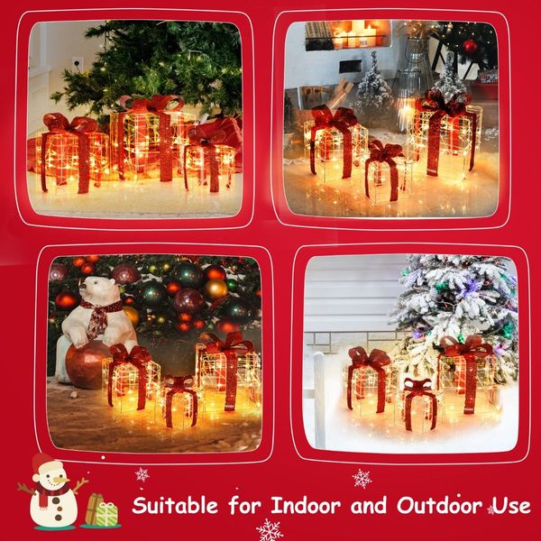 Set of 3 Christmas Lighted Gift Boxes with Waterproof Plug