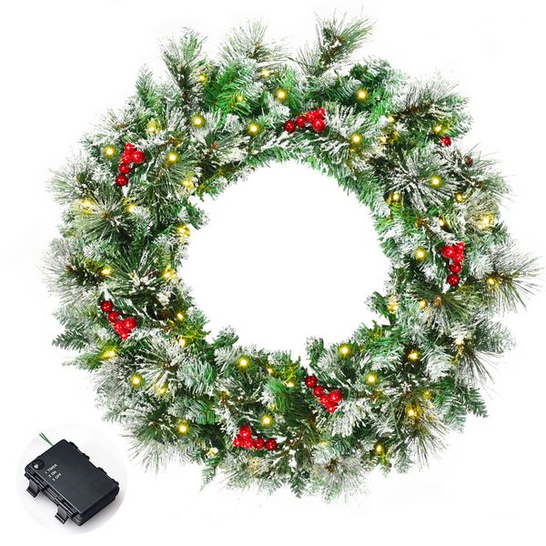 0.6M Snowy Christmas Wreath with 50 LED Lights and 110 PVC tips for Decorations