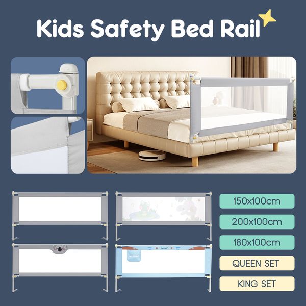 Kids Bed Rail Bedrail Side Safety Guard Barrier Queen Baby Toddler Child Cot Fence Folding Adjustable Fall Protection 200x100cm Mesh Fabric