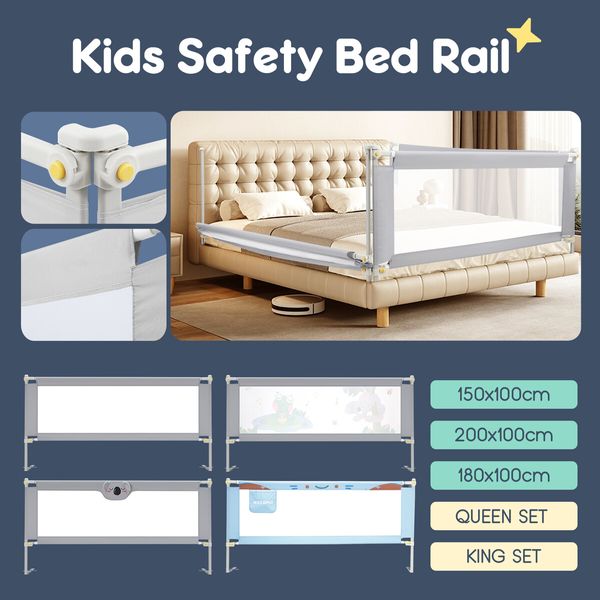 3Pcs Kids Bed Rail Bedrail Queen Side Guard Safety Barrier Toddler Child Cot Fence Baby Fall Protection Adjustable Folding Breathable Mesh