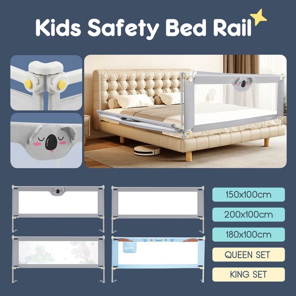 3Pcs Bed Rail Bedrail Adjustable Folding Kids Side Safety Guard Toddler Child Cot Fence Barrier Queen Baby Fall Protection Mesh 100cm Height Koala