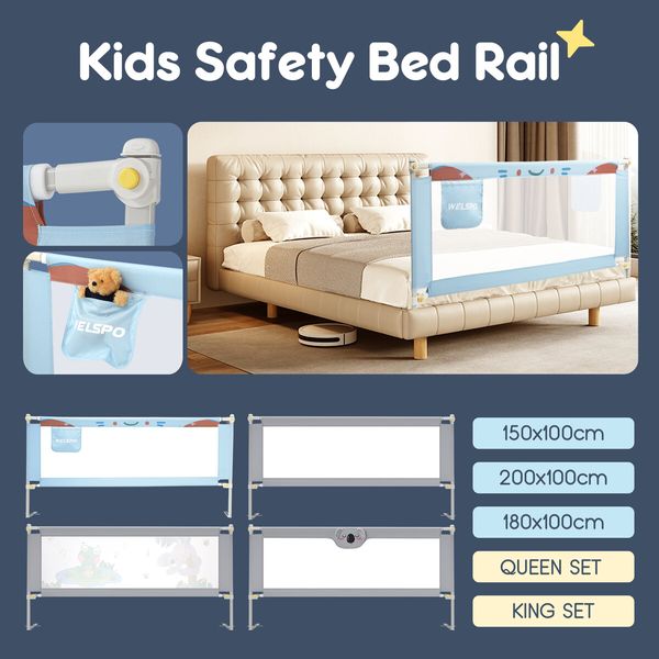 Kids Bed Rail Bedrail Baby Safety Guard Queen Size Adjustable Folding Child Toddler Cot Security Fence Barrier Fall Protection 200x100cm Smurfs