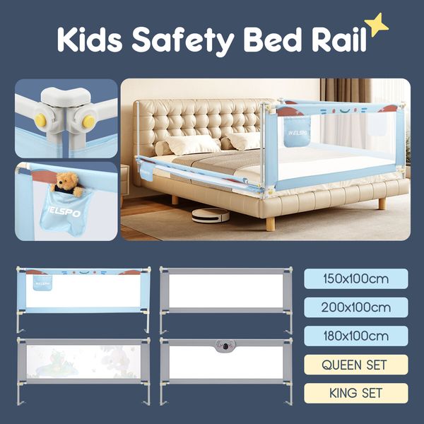 Kids Bed Rail 3 Piece Bedrails Queen Toddler Side Safety Guard Barrier Adjustable Child Cot Fence Baby Fall Protection Fabric Double Lock Smurfs