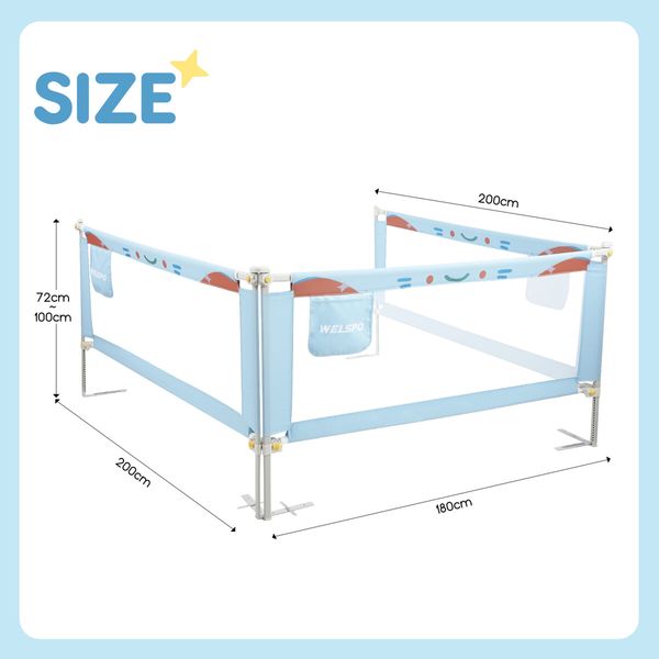 3Pcs Kids Bed Rail Bedrail King Side Guard Safety Barrier Toddler Child Cot Fence Adjustable Baby Protector Breathable Mesh Double Lock Smurfs