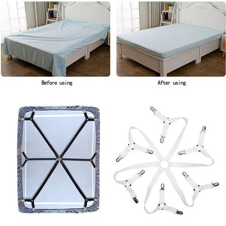 6 Sides Bed Sheet Clips Fasteners Adjustable Elastic Sheet Straps Holder for 1.5-2.5m Size Bed Sheet (White)