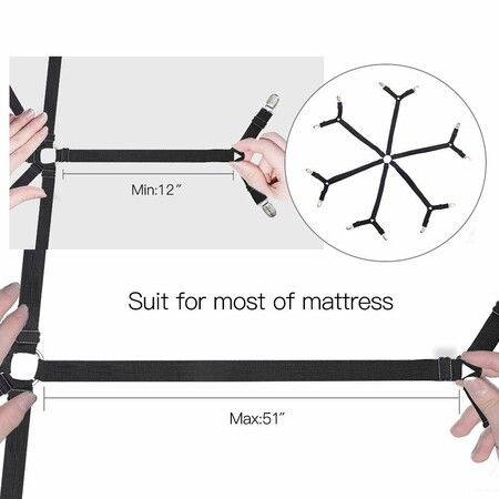 6 Sides Bed Sheet Clips Fasteners Adjustable Elastic Sheet Straps Holder for 1.5-2.5M Size Bed Sheet (Black)