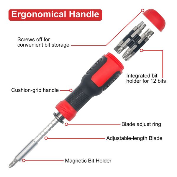 Multi Screwdriver 13-in-1 Screw Driver Adjustable Screwdriver Set Multitool All in One with Torx Security,Flat Head,Phillips,Hex,Square and 1/4 Nut Driver (Red)