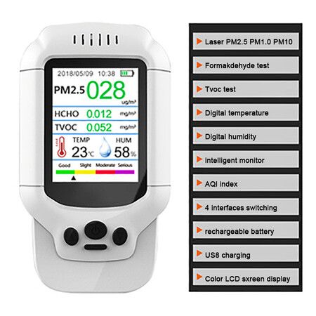 Air Quality Monitor, Formaldehyde Detector, Temperature & Humidity Meter, Pollution Tester Detect PM2.5/PM10/PM1.0 Micron Dust, Test Indoor TVOC