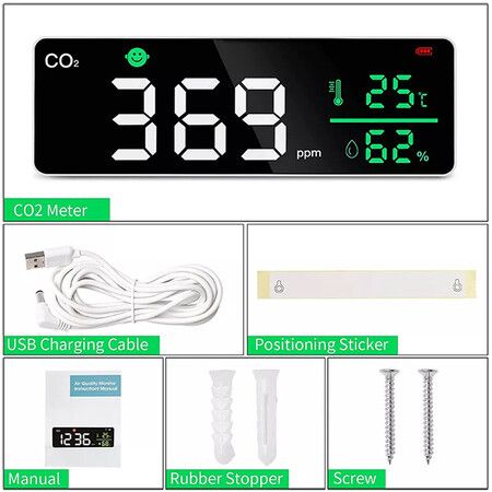 CO2 Carbon Dioxide Detector Large Display TIME CLOCK DATE Temperature and Relative Humidity, CO2 Meter with Alarm, for Grow Tents, Homes, Cars