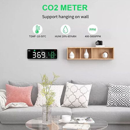 CO2 Carbon Dioxide Detector Large Display TIME CLOCK DATE Temperature and Relative Humidity, CO2 Meter with Alarm, for Grow Tents, Homes, Cars