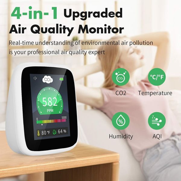 CO2 Carbon Dioxide Detector, 4-in-1 Indoor Air Quality Monitor Portable CO2 Monitor, Tester for Carbon Dioxide, Temperature and Relative Humidity