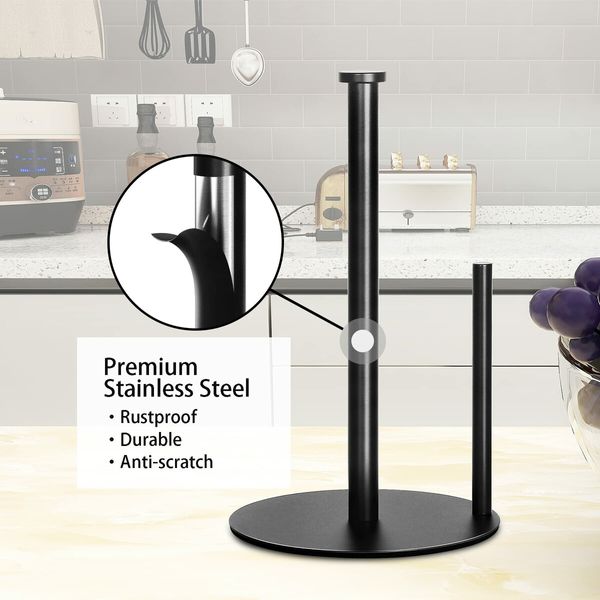 Paper Towel Holder Countertop,Black Kitchen Paper Towel Holder Stand for Kitchen and Bathroom Organization,Stainless Steel Paper Towel Holders for Standard and Large Rolls (Matte Black)