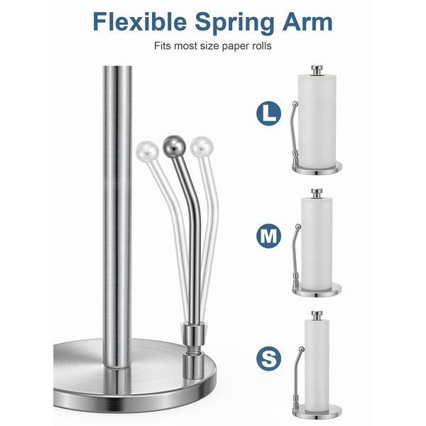 Paper Towel Holder for One Hand Tear,Paper Towel Dispenser Standing Weighted Base Non Slip,Spring Arm Fit Most Size Paper Roll,Stainless Steel Paper Towel for Kitchen Countertop,Silver