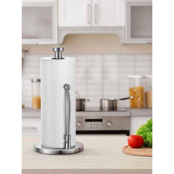 Paper Towel Holder for One Hand Tear,Paper Towel Dispenser Standing Weighted Base Non Slip,Spring Arm Fit Most Size Paper Roll,Stainless Steel Paper Towel for Kitchen Countertop,Silver