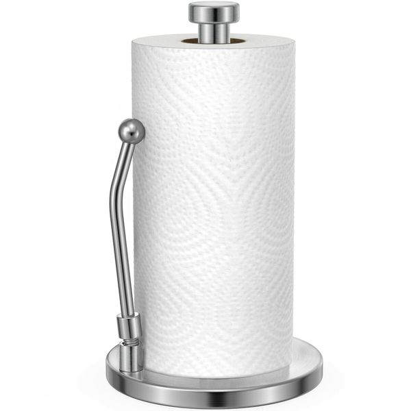 Paper Towel Holder for One Hand Tear,Paper Towel Dispenser Standing Weighted Base Non Slip,Spring Arm Fit Most Size Paper Roll,Stainless Steel Paper Towel for Kitchen Countertop,Silver