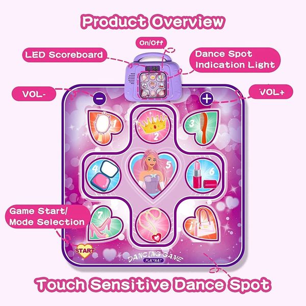 Dance Mat Toys, Musical Dance Play Mat with LED Lights for Girls 3-12 Years Old