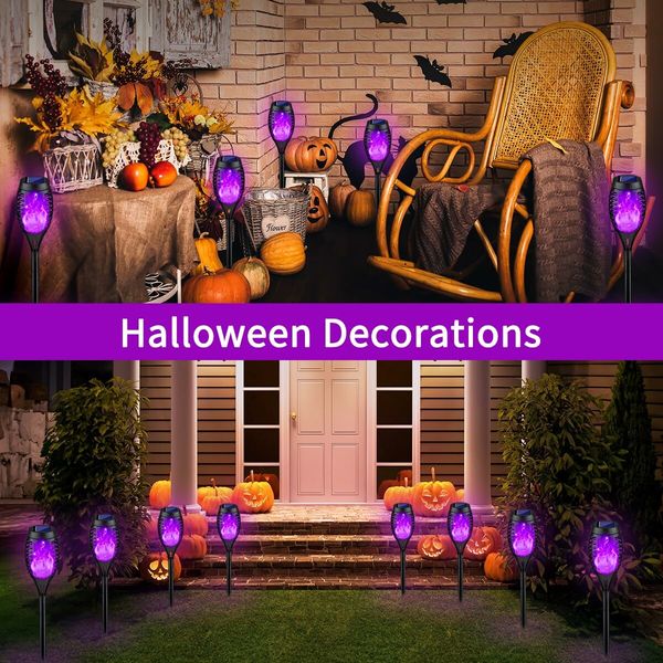 Outdoor Halloween Decorations,8Pack Halloween Solar Lights with Purple Flame for Halloween Decor,Waterproof Halloween Lights Outdoor,Solar Pathway Lights for Outside Halloween Yard Decorations Lawn (Purple Light)