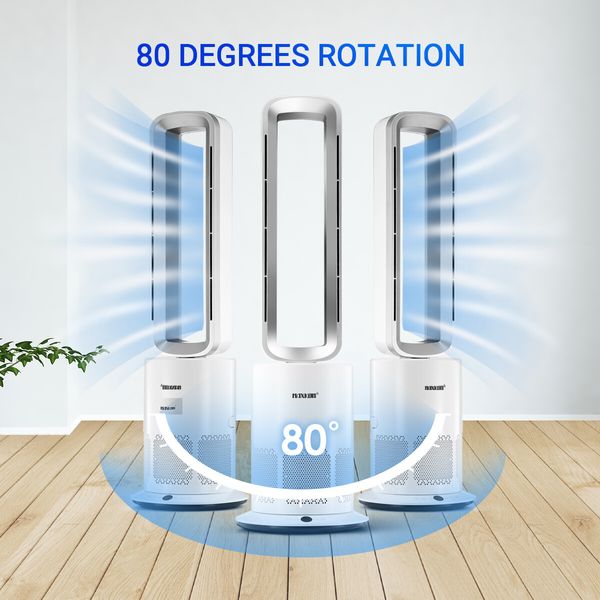 3 In 1 Bladeless Fan Heater Electric Tower Cool Air Hot HEPA Filter Purifier Remote Touch 9H Timer 80 Degree Oscillating LED Office Bedroom Floor Standing