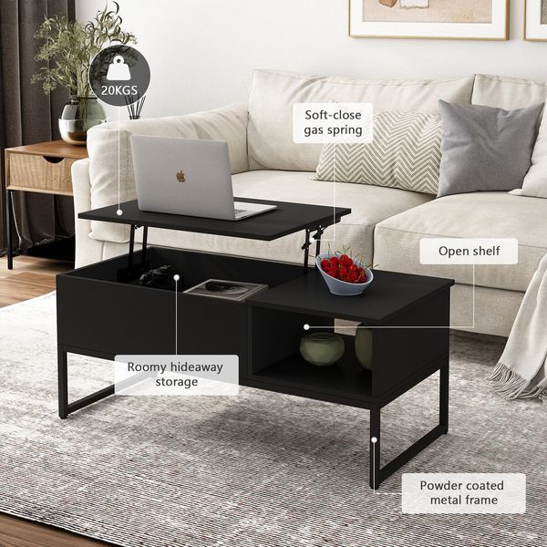 Lift Top Coffee Table Tea Black Dining Living Room Sofa Side Up Modern Furniture with Storage Center Rising Desk Large Rectangle Wood