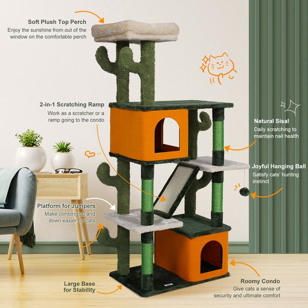 146cm Cat Tree Tower Bed Scratching Post House Sisal Scratcher Furniture Cave Stand Condos Climbing Play Gym Perch Ramp