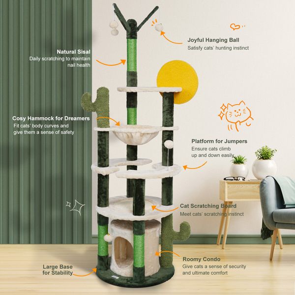 172cm Cat Tower Tree Scratching Post House Bed Sisal Scratcher Cave Furniture Condos Climbing Stand Play Hammock Balls