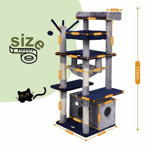 133cm Cat Tower Tree House Scratching Post Bed Sisal Scratcher Stand Cave Condo Furniture Climbing Play Gym Hammock Platforms