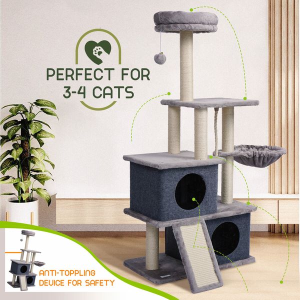 127cm Cat Tree Tower Scratching Post Bed Sisal Scratcher Furniture House Cave Condos Climbing Stand Gym Hammock Ramp