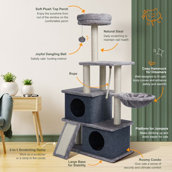 127cm Cat Tree Tower Scratching Post Bed Sisal Scratcher Furniture House Cave Condos Climbing Stand Gym Hammock Ramp