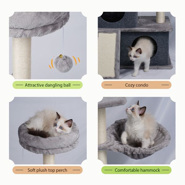 127cm Cat Tree Tower Scratching Post Bed Sisal Scratcher Furniture House Cave Condos Climbing Stand Gym Hammock Ramp