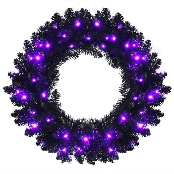 Black Pre-lit Artificial Christmas Wreath with 35 Purple LED lights for Indoor