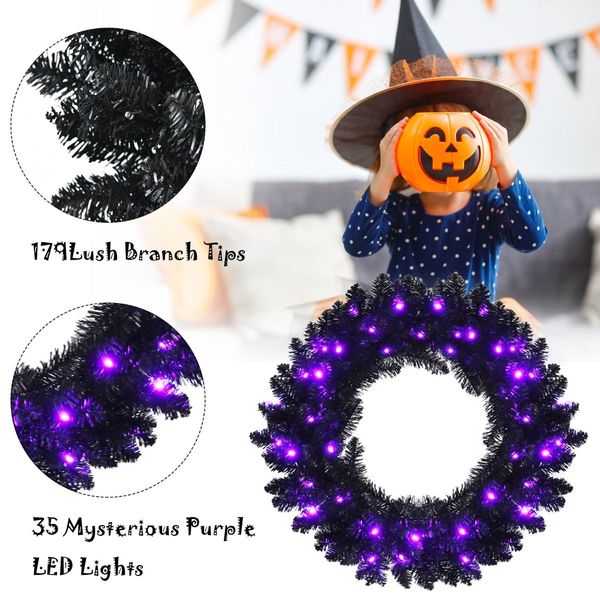 Black Pre-lit Artificial Christmas Wreath with 35 Purple LED lights for Indoor