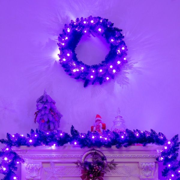 Black Pre-lit Artificial Christmas Wreath with 35 Purple LED lights for Indoor