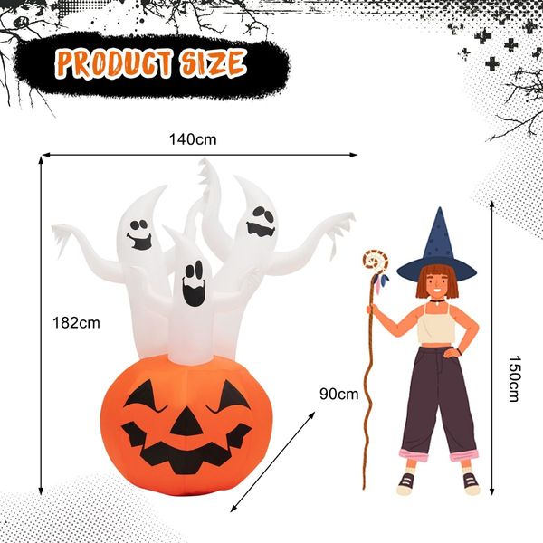 182CM Halloween Blow Up Pumpkin and Ghost Combo with Built-in LED & Blower