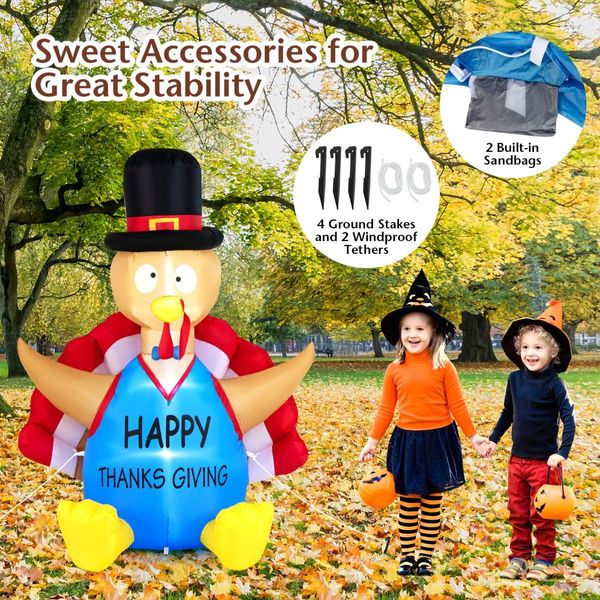 182 CM Thanksgiving Inflatable Turkey with Pilgrim Hat for Decoration