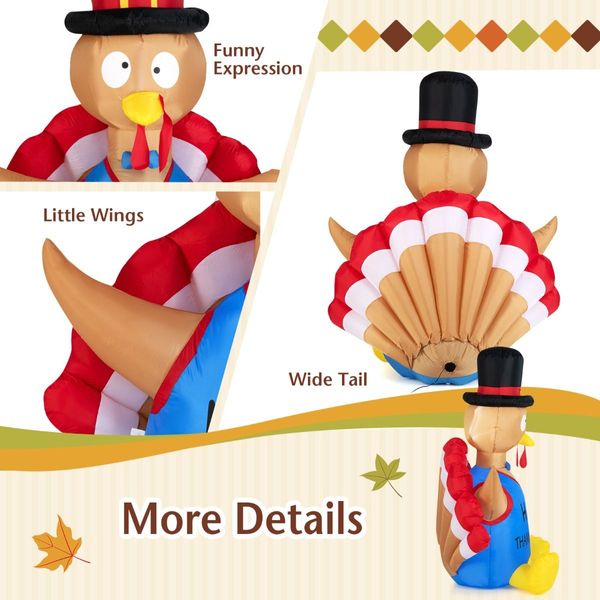 182 CM Thanksgiving Inflatable Turkey with Pilgrim Hat for Decoration