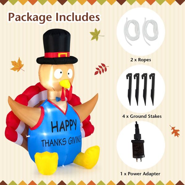 182 CM Thanksgiving Inflatable Turkey with Pilgrim Hat for Decoration