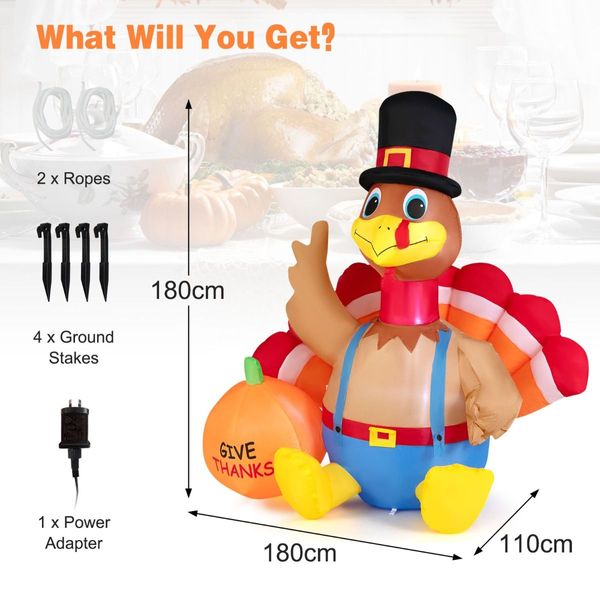 180 CM Thanksgiving Inflatable Turkey with Pumpkin for Lawn & Party