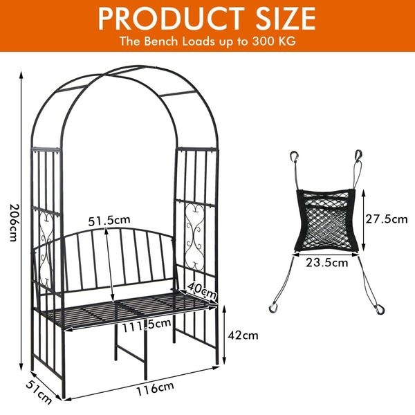 Steel Garden Arch with 2-Seat Bench for Climbing Plants