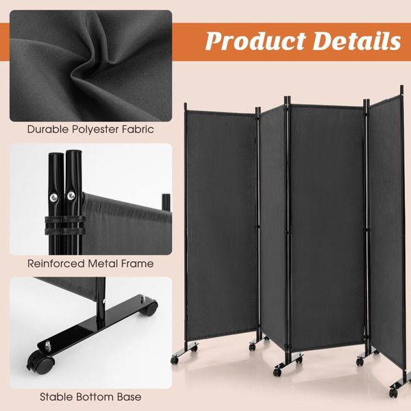 1.73m 4-Panel Folding Room Divider with Lockable Wheels