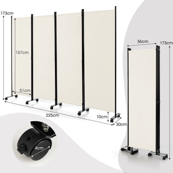 1.73m 4-Panel Folding Room Divider with Lockable Wheels