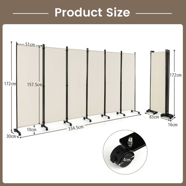 1.72m 6-Panel Folding Room Divider with Lockable Wheels