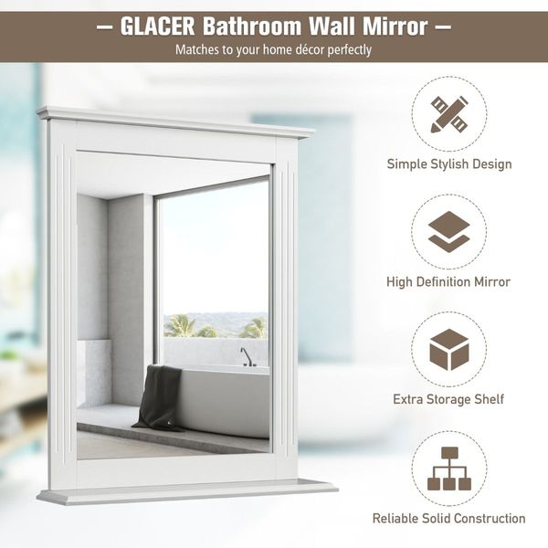 Modern Wall-mounted Rectangular Bathroom Mirror with Storage Shelf