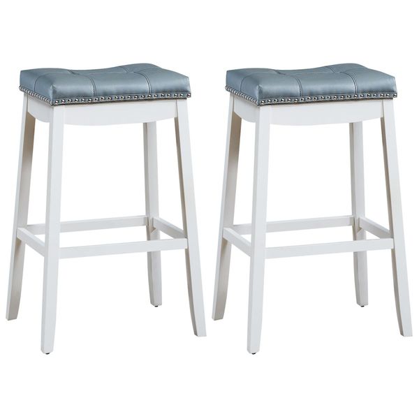 Backless Nailhead Bar Stool with Natural Rubber Wood Legs for Dining Room