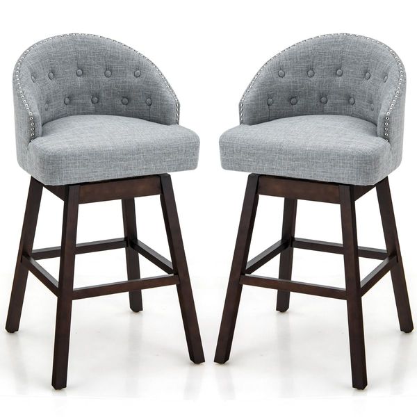 Set of 2 Swivel Bar Stools with Rubber Wood Legs & Padded