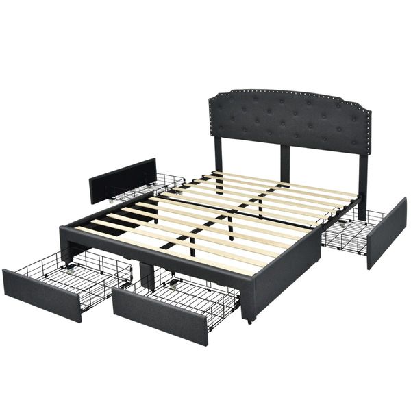 Full/Queen Size Upholstered Platform Bed Frame with 4 Storage Drawers