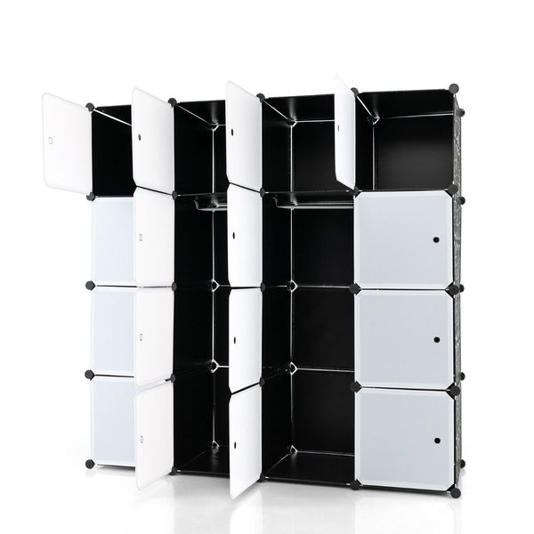 16-Cube Storage Organizer with 16 Doors & 2 Hanging Rods for Clothes